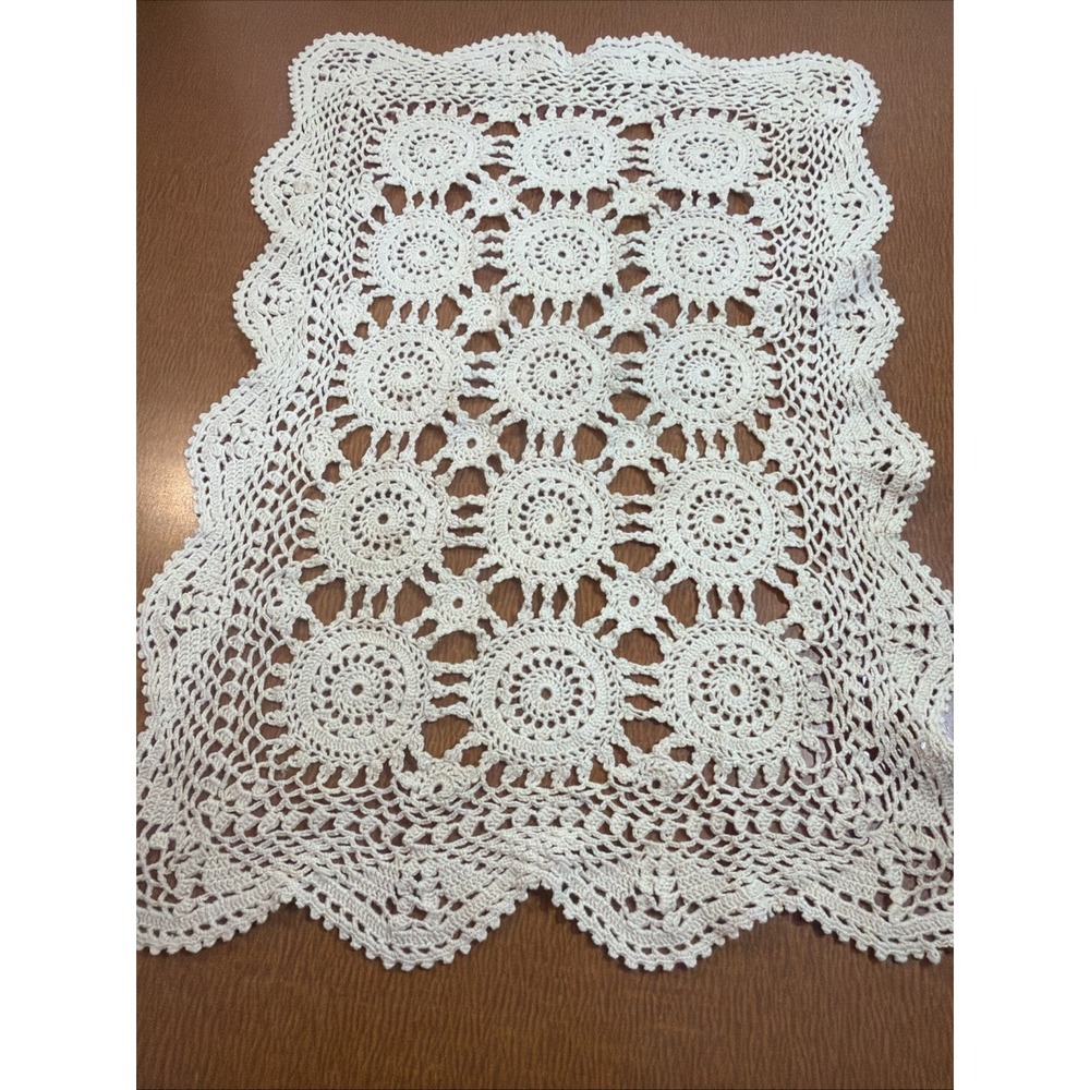 Vintage Crochet Kitchen Table Placemat Or Doily Beige Scalloped Edge 11 X 16.5"
